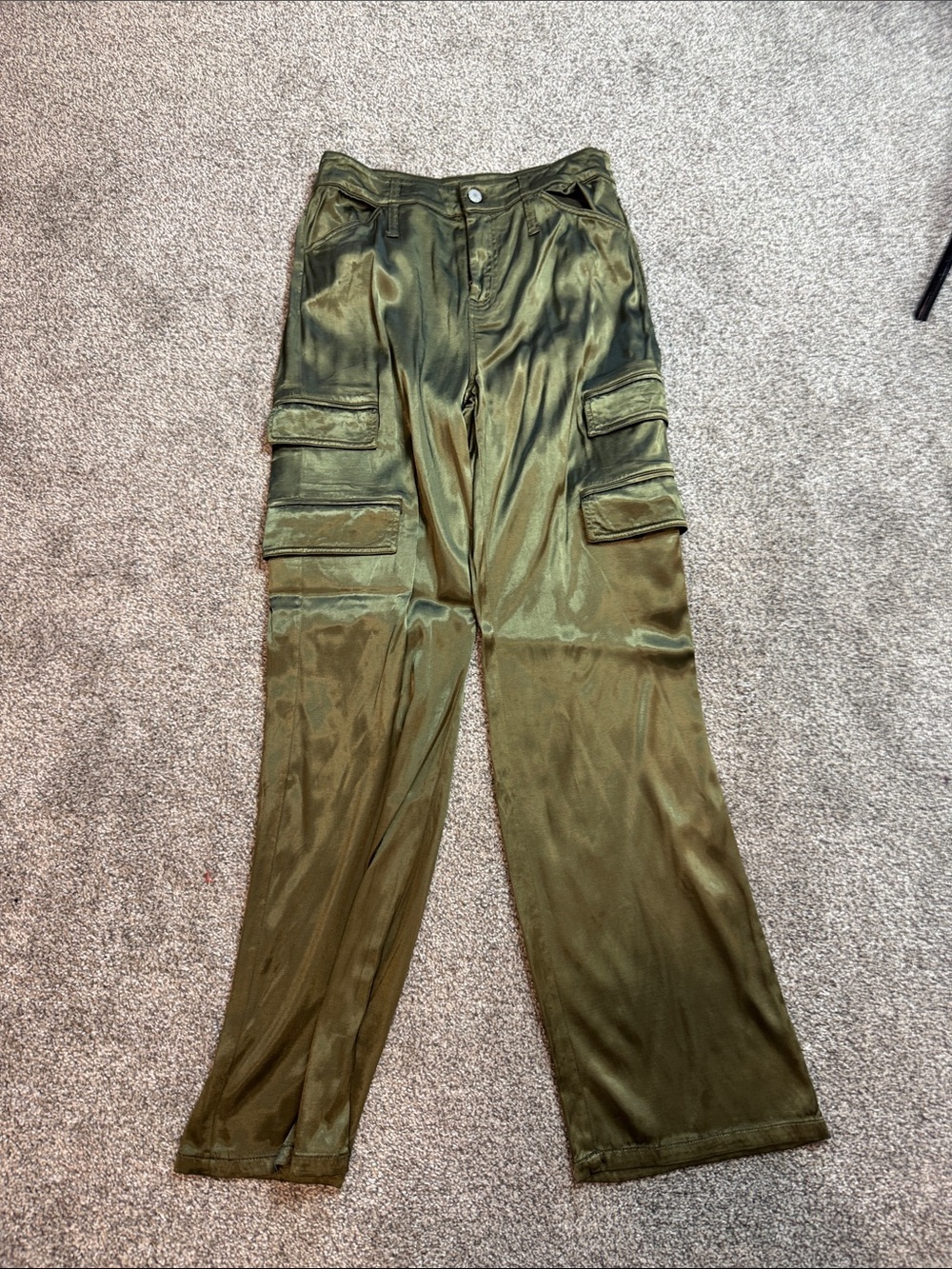 Satin Olive Cargo Trousers with Flap Pockets